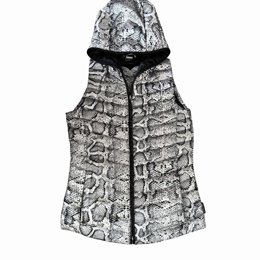 Obermeyer Women's S Snakeskin Print Hooded Down Fill Black Puffer Vest Ski